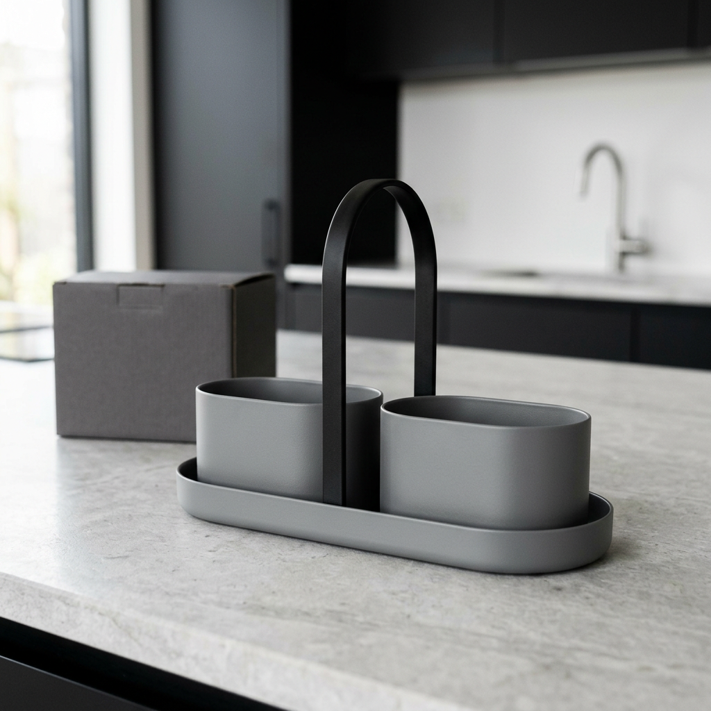 Obsidian black and graphite twin cup kitchen caddy concept hero