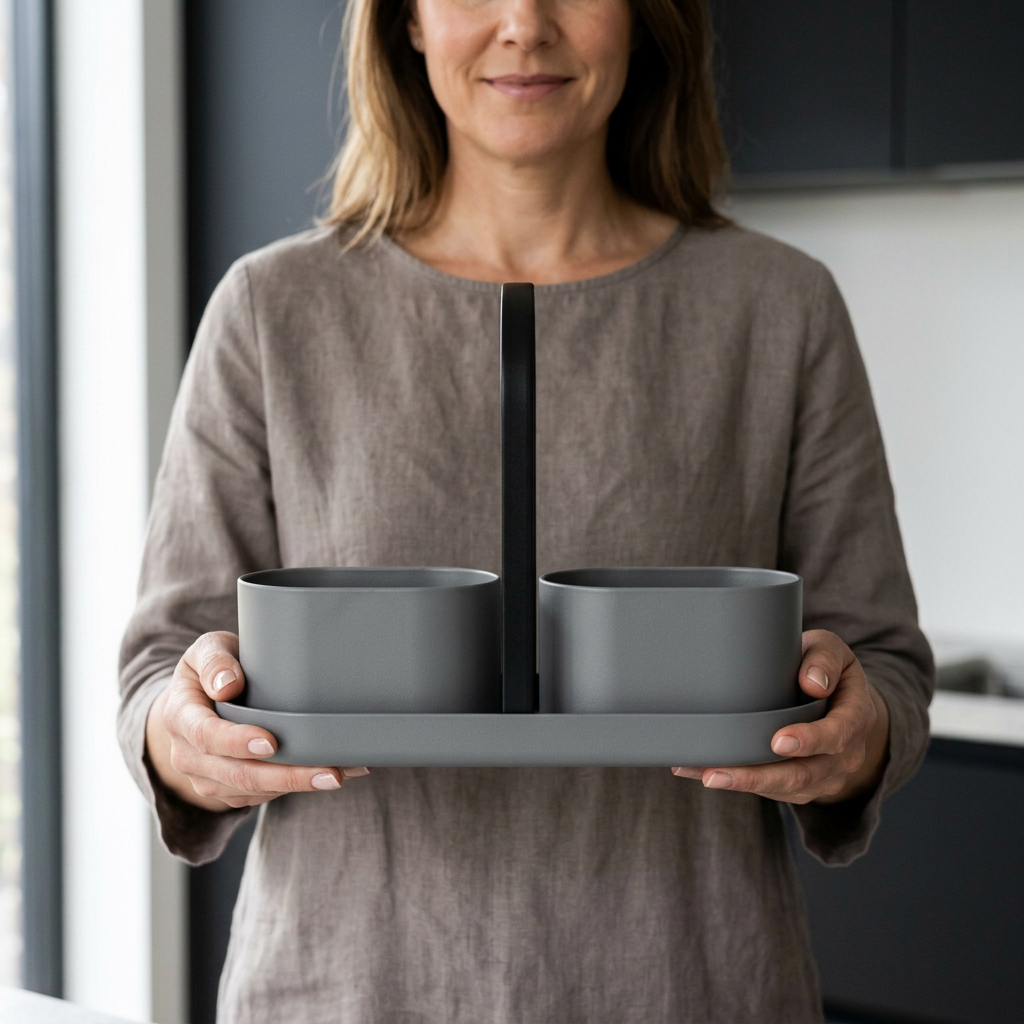 Female model holding Obsidian kitchen caddy concept