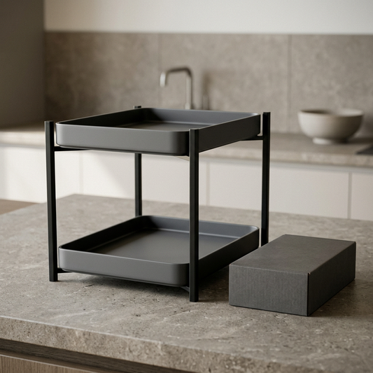 Noirline black and graphite organizer concept hero with plain box