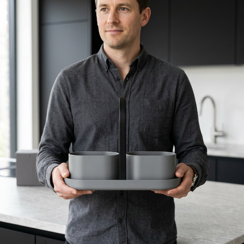 Male model holding Obsidian kitchen caddy concept