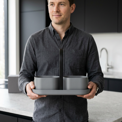 Male model holding Obsidian kitchen caddy concept